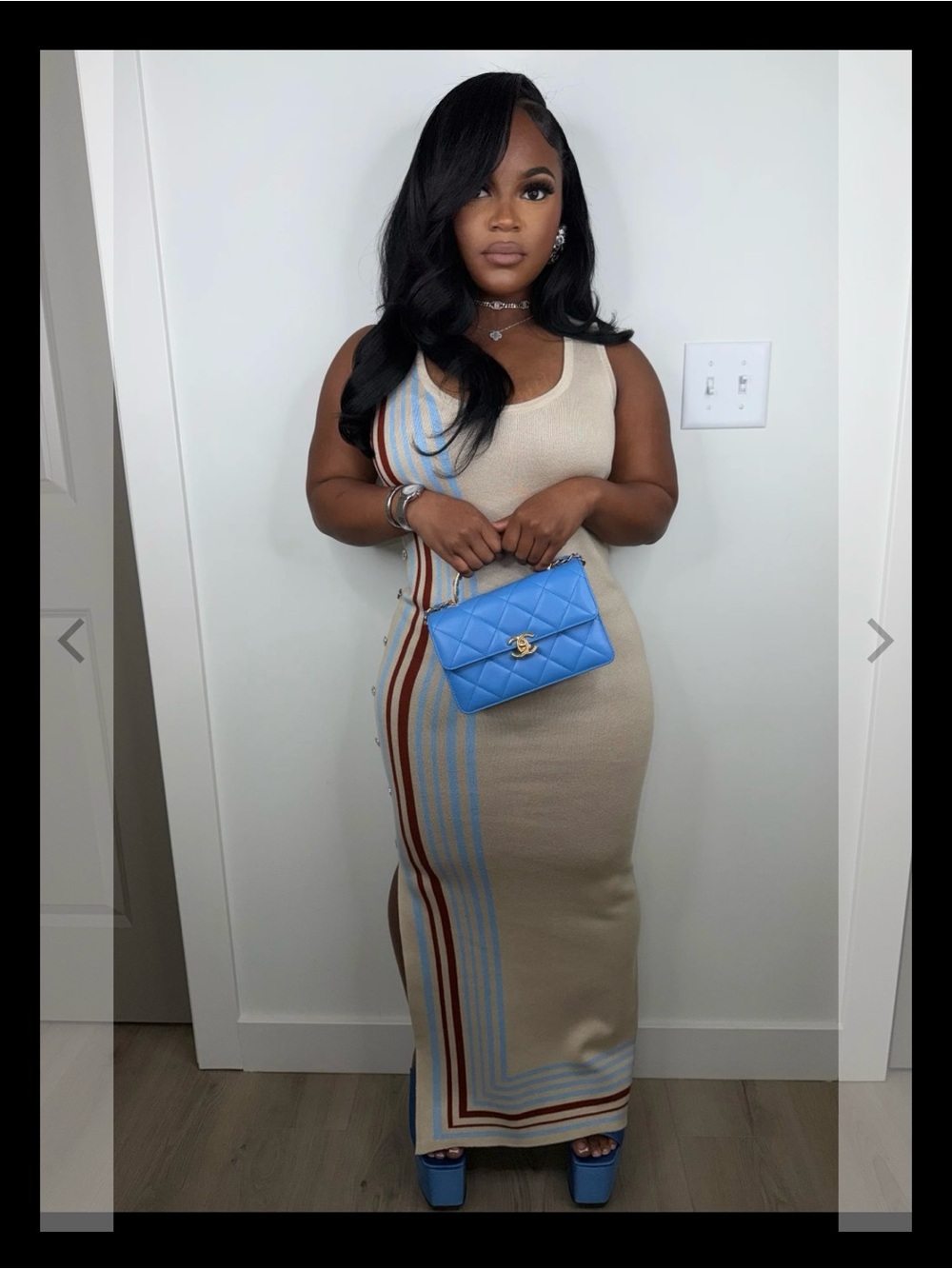 Sleeveless Beige Maxi Dress with Blue & Brown Stripes
